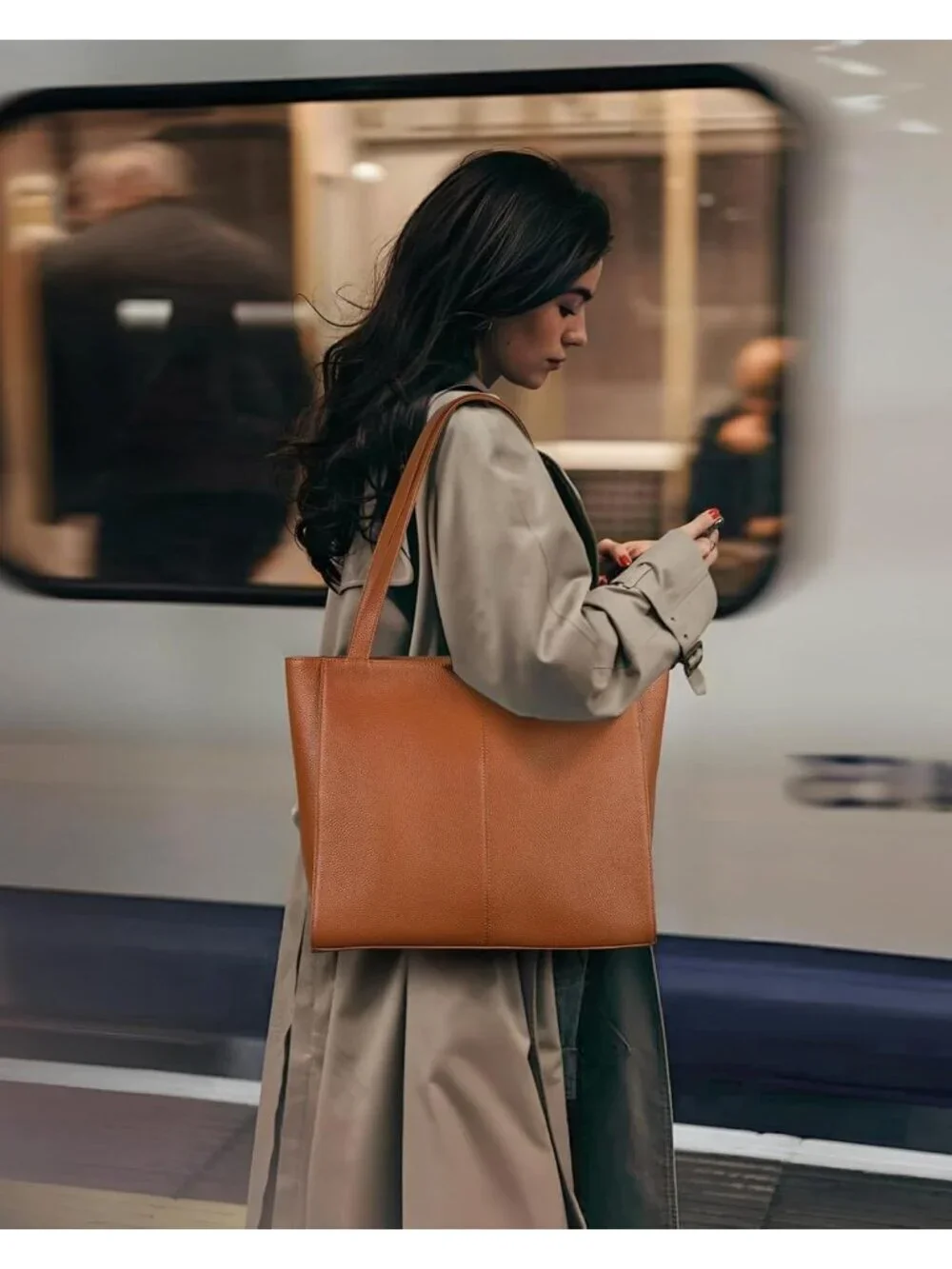 Women Cognac Brown Leather Shoulder Satchel Laptop Compartment Bag